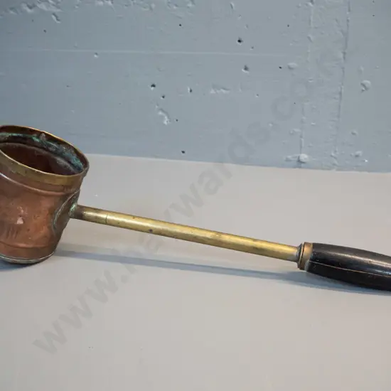 copper and brass ladle / dipper with timber and brass handle, "Cider" plaque L-440 - some wear