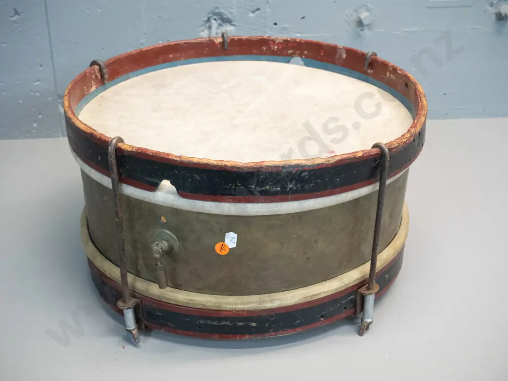 vintage brass drum with timber hoops, damage to one skin - overall paint and age wear D-400 D-225 Image 1++