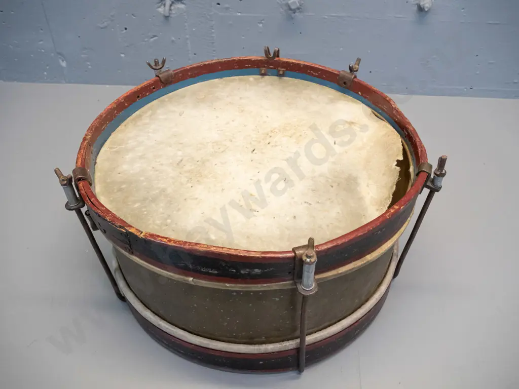 vintage brass drum with timber hoops, damage to one skin - overall paint and age wear D-400 D-225 Image 1++