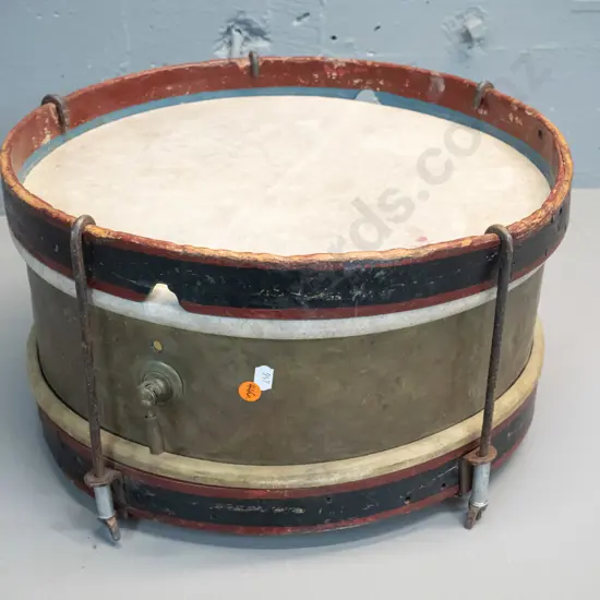 vintage brass drum with timber hoops, damage to one skin - overall paint and age wear D-400 D-225