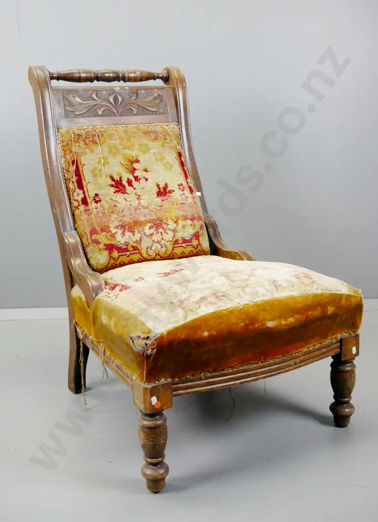 restorer's Edwardian lady's chair with turned top rail, foliate decoration. Wear to original upholstery, Image 1++