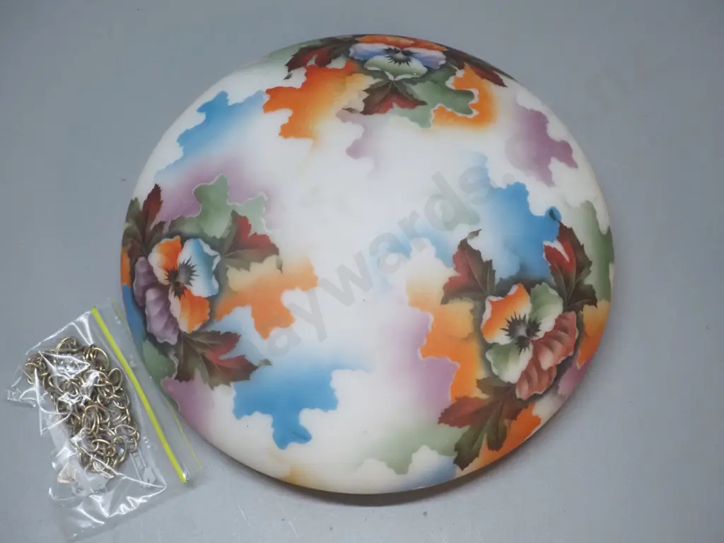 deco frosted milk glass and hand painted floral ceiling light shade with 3 chains H-120 D-360 Image 1++