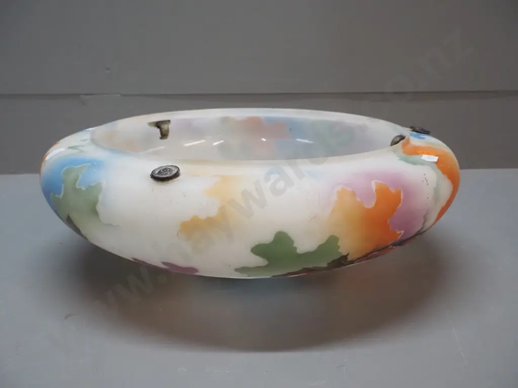 deco frosted milk glass and hand painted floral ceiling light shade with 3 chains H-120 D-360 Image 1++