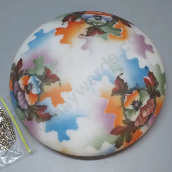 deco frosted milk glass and hand painted floral ceiling light shade with 3 chains H-120 D-360
