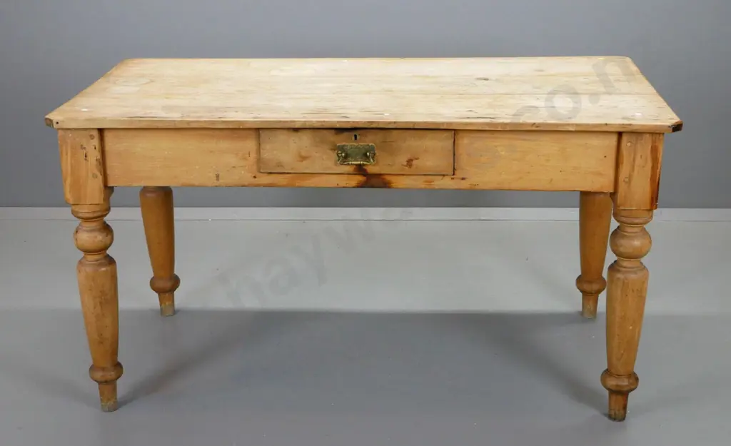 rustic colonial kauri and rimu turned leg kitchen table with plank top, single drawer w/ brass handle - staining to Image 1++