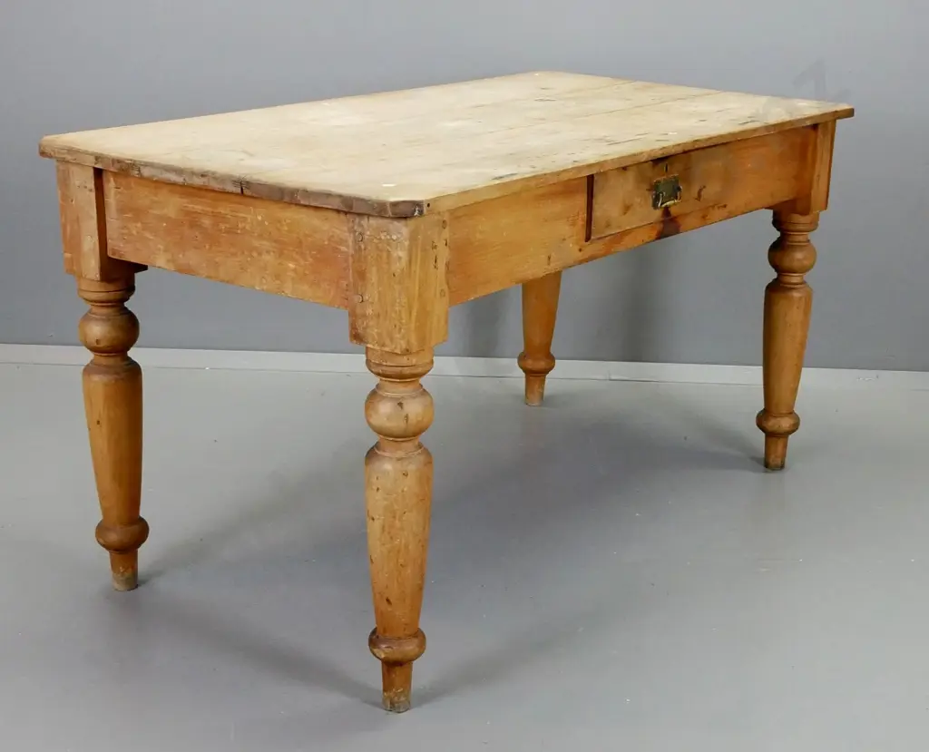 rustic colonial kauri and rimu turned leg kitchen table with plank top, single drawer w/ brass handle - staining to Image 1++