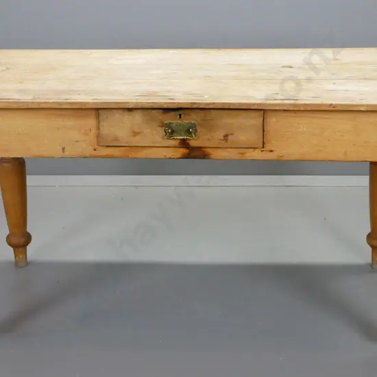 rustic colonial kauri and rimu turned leg kitchen table with plank top, single drawer w/ brass handle - staining to