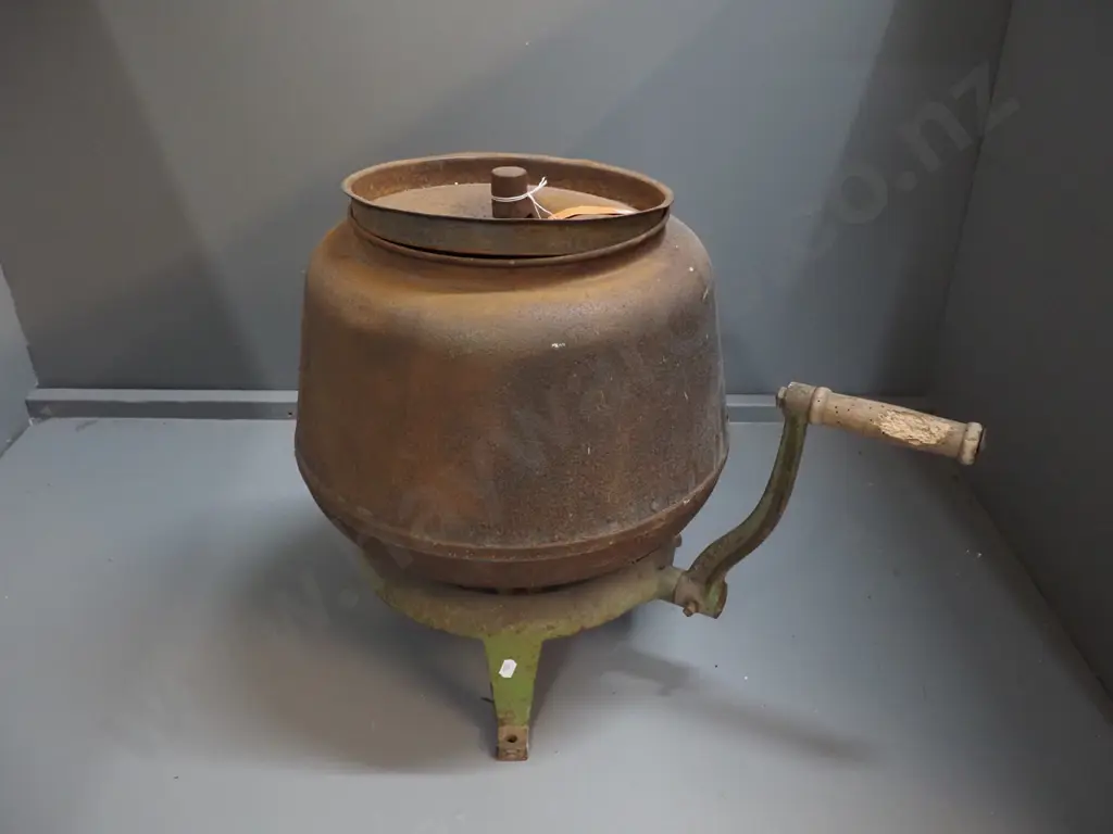 vintage metal hand-crank butter churn - has corrosion, wooden handle has borer & rot H-510 D-390 Image 1++
