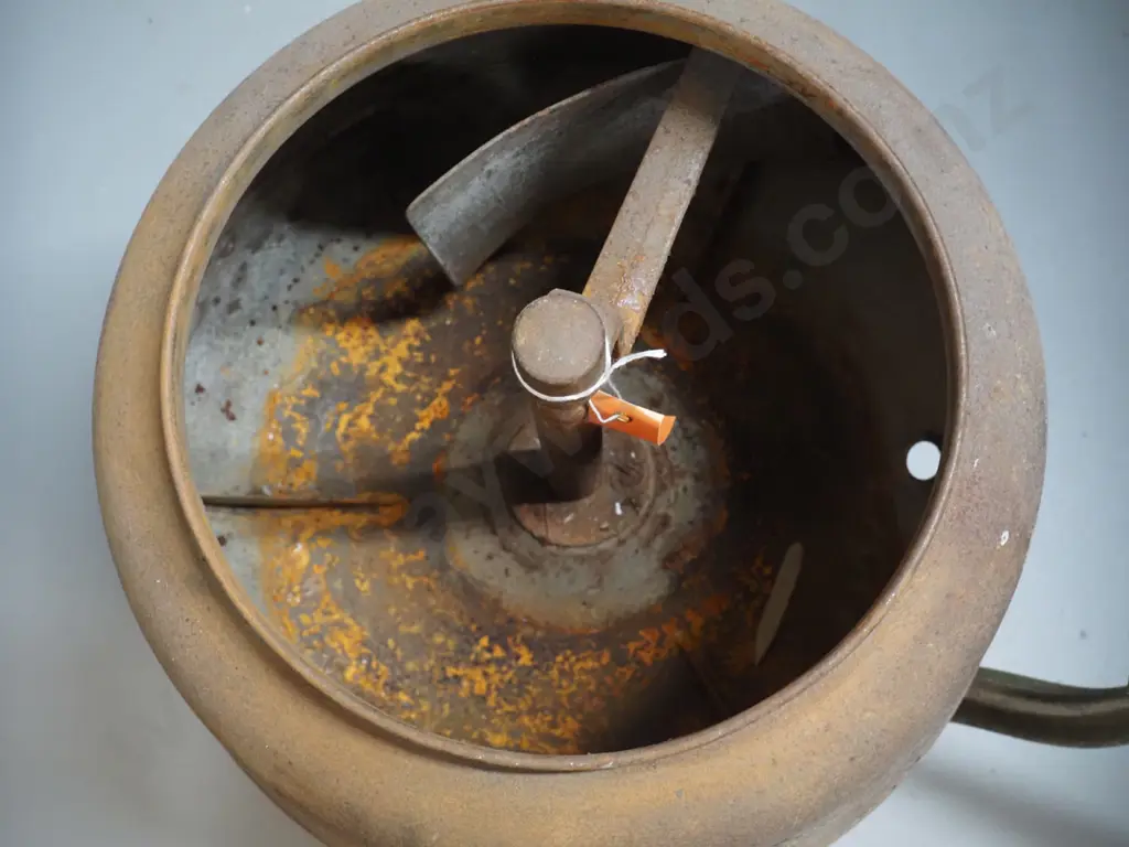 vintage metal hand-crank butter churn - has corrosion, wooden handle has borer & rot H-510 D-390 Image 1++
