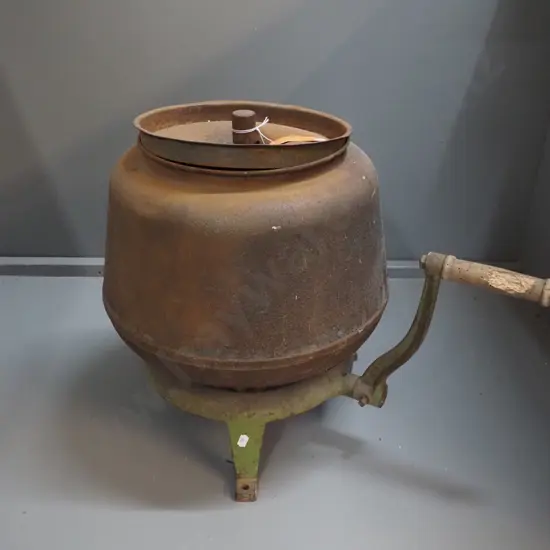 vintage metal hand-crank butter churn - has corrosion, wooden handle has borer & rot H-510 D-390
