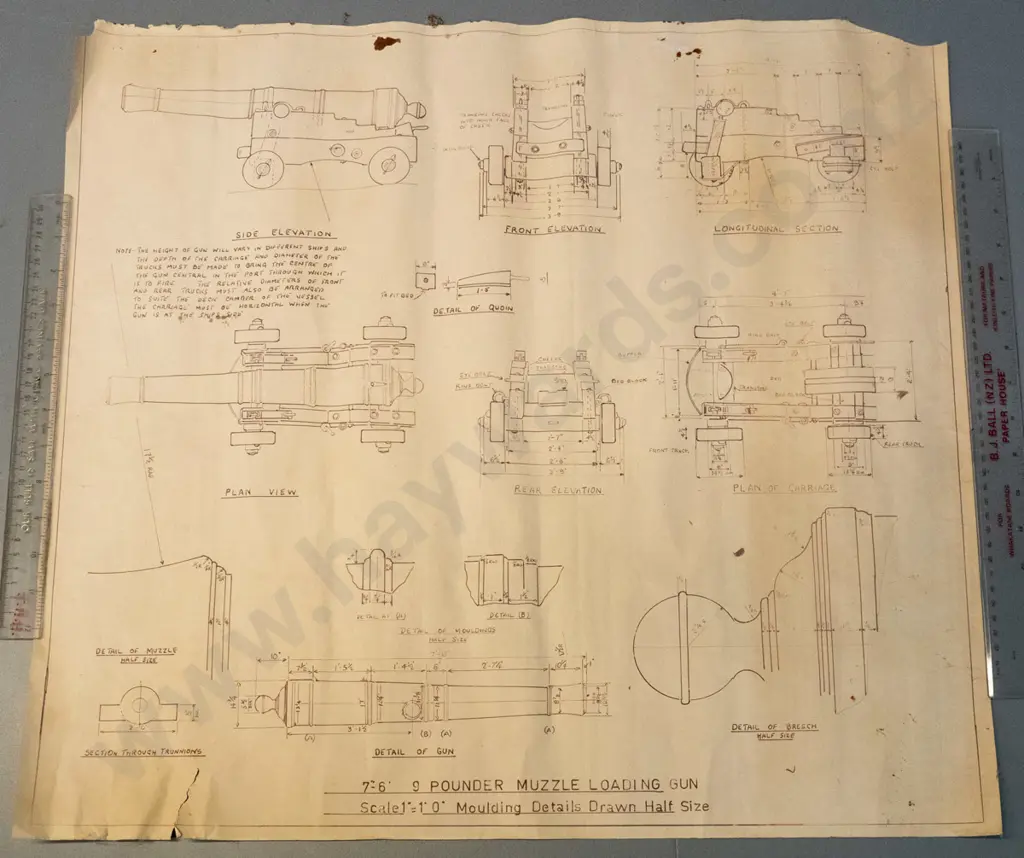 small very heavy cast metal cannon on wooden trolley w/ cannon design blueprint. Overall H-320 L-610 W-370 Barrel L-540 Image 1++