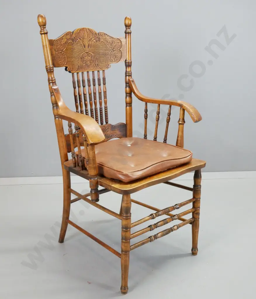 vintage oak & beech pressed-back carver dining chair with turned spindle back, base and legs, non-original buttoned Image 1++