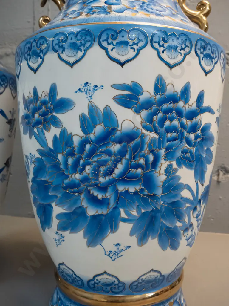 pair of very large Chinese blue & white peony pattern handled floor vases w gilt decoration H-765 D-310 Image 1++