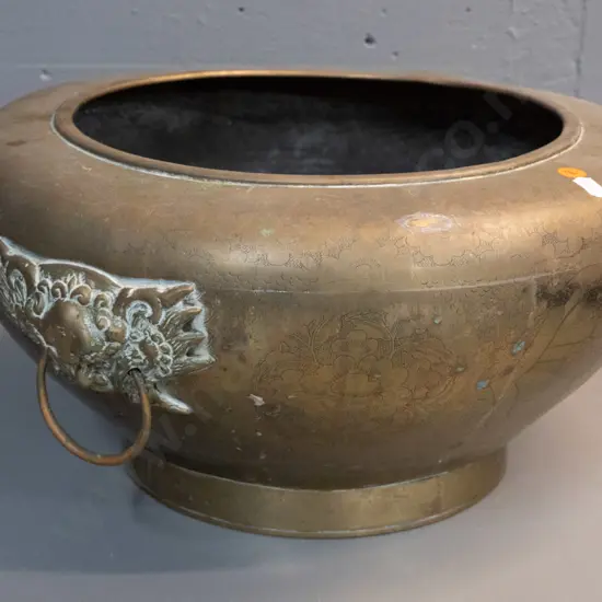 large vintage brass bowl / jardiniere with lion head ring handles & etched decoration H-200 D-400
