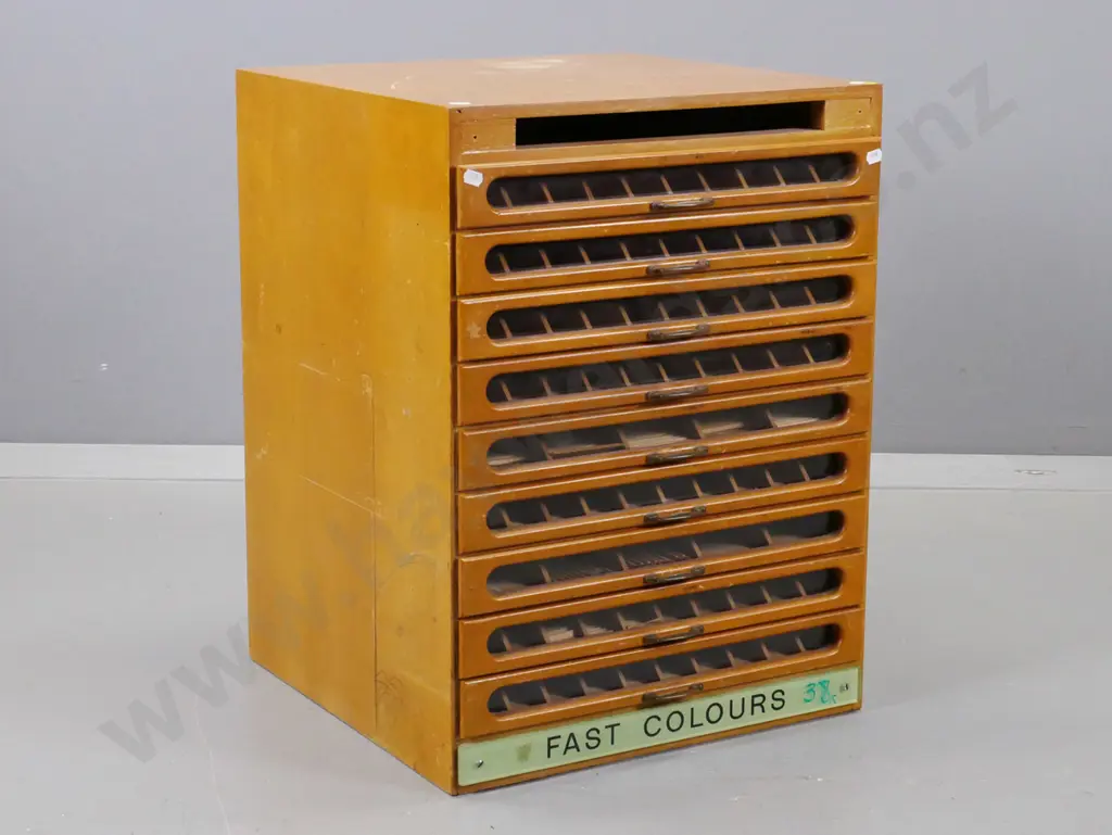 vintage mixed timber 9-drawer haberdashery chest with glass-fronted rimu drawers, inner partitions, brass handles, Image 1++