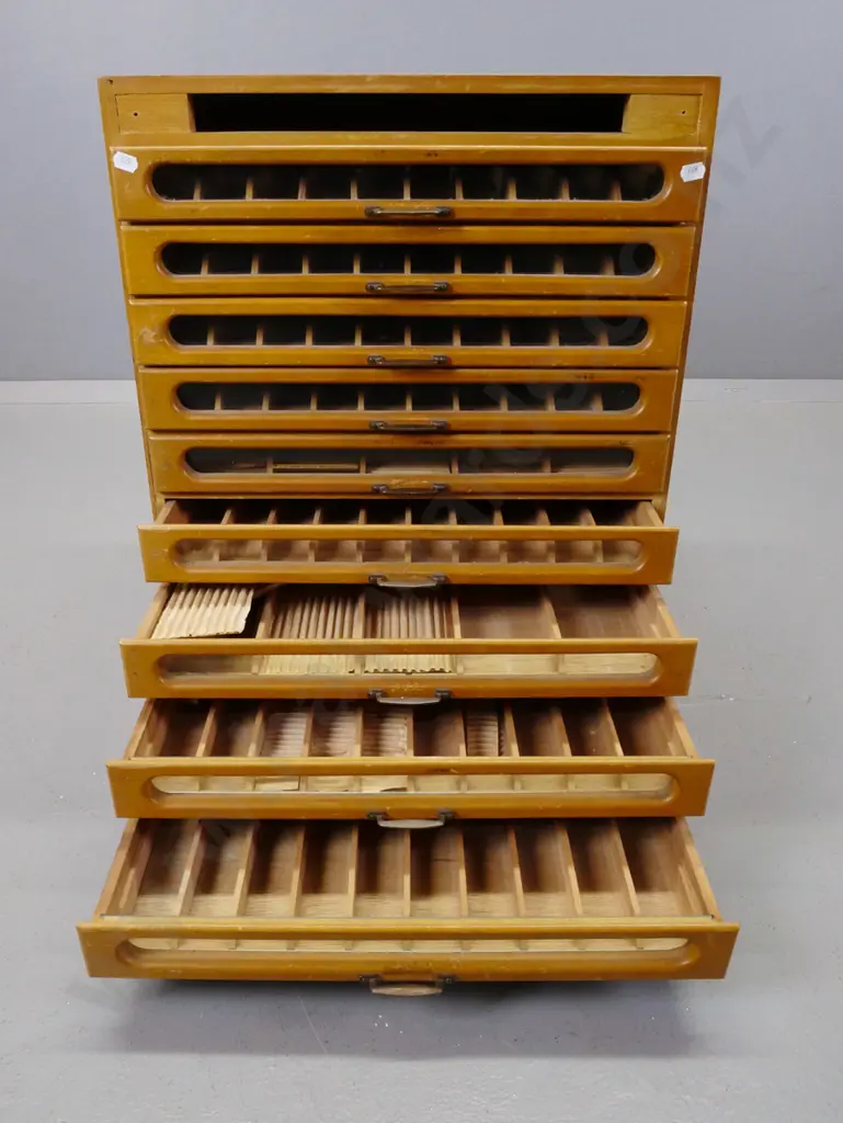 vintage mixed timber 9-drawer haberdashery chest with glass-fronted rimu drawers, inner partitions, brass handles, Image 1++
