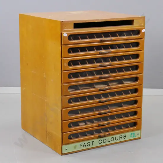 vintage mixed timber 9-drawer haberdashery chest with glass-fronted rimu drawers, inner partitions, brass handles,