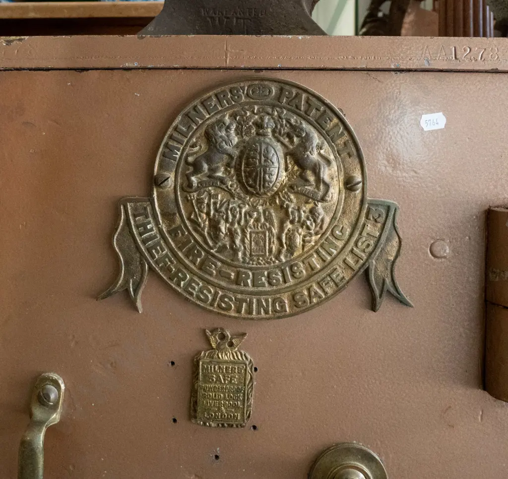 vintage Milner's Patent Fire Resistant Safe "List 3" on brass plaque, also EW Mills Wellington plaque, with key, later Image 1++