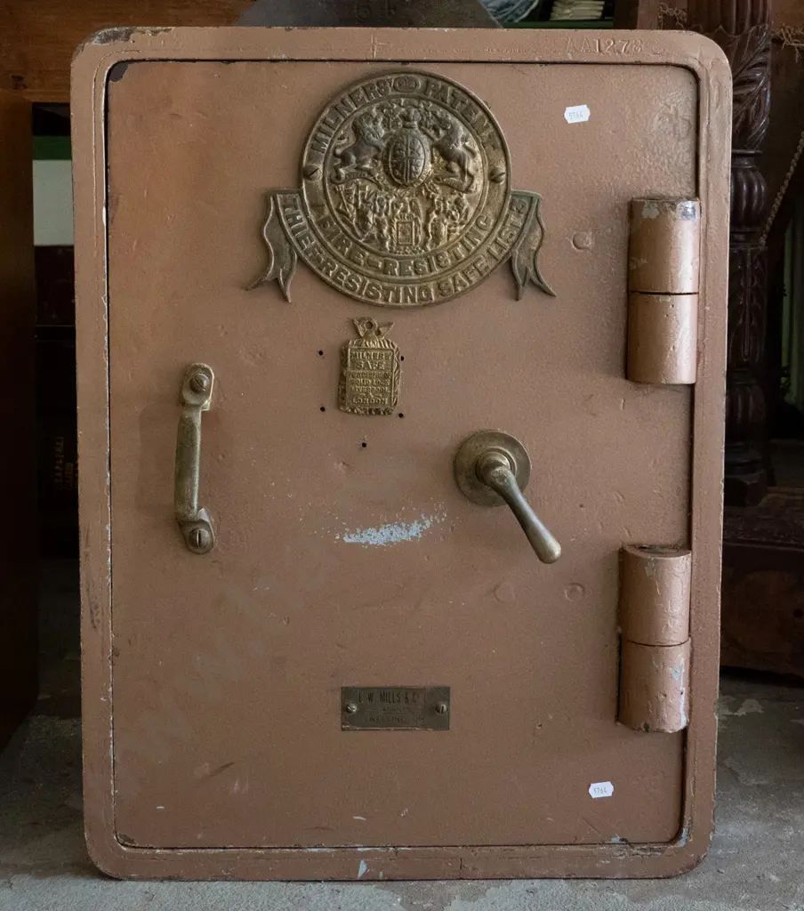 vintage Milner's Patent Fire Resistant Safe "List 3" on brass plaque, also EW Mills Wellington plaque, with key, later Image 1++
