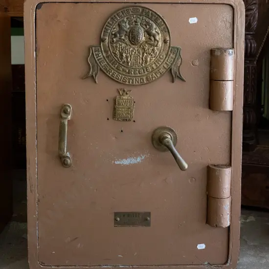vintage Milner's Patent Fire Resistant Safe "List 3" on brass plaque, also EW Mills Wellington plaque, with key, later
