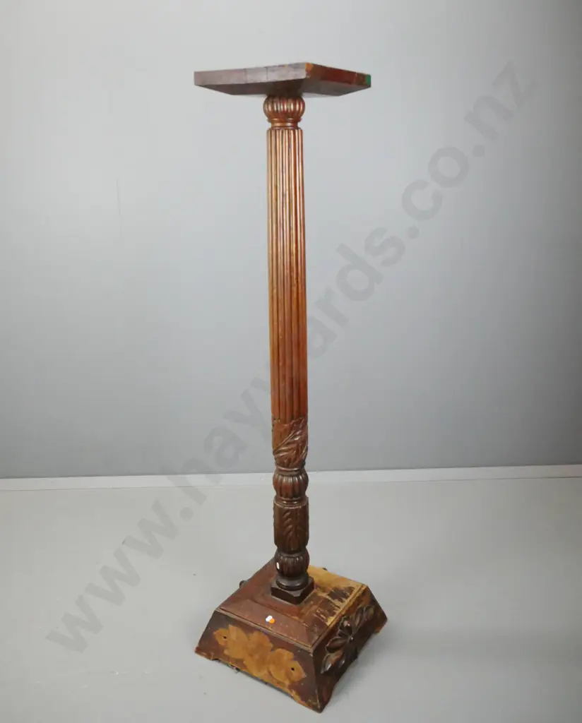 mixed timber Victorian tall plant or torchere stand with square top on fluted & carved column, square plinth base Image 1++