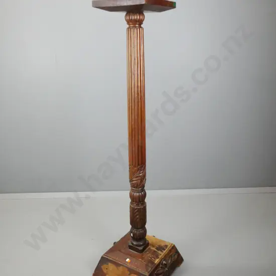 mixed timber Victorian tall plant or torchere stand with square top on fluted & carved column, square plinth base