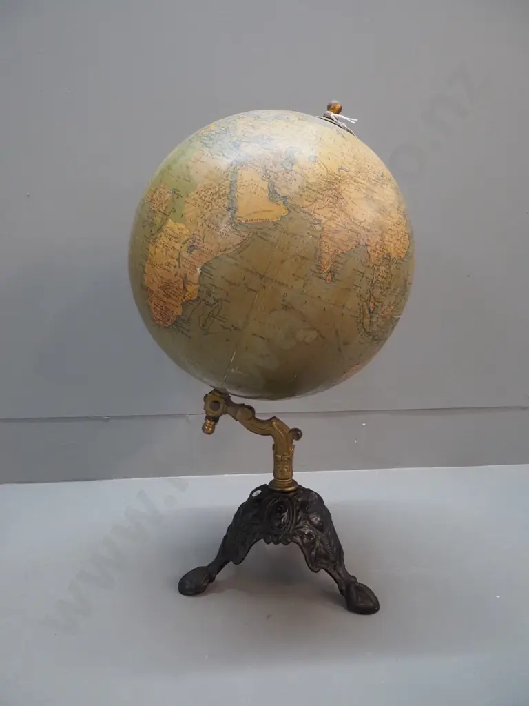 vintage George Philip & Son world globe on heavy cast metal base - crack/separation around seam, some fading Image 1++