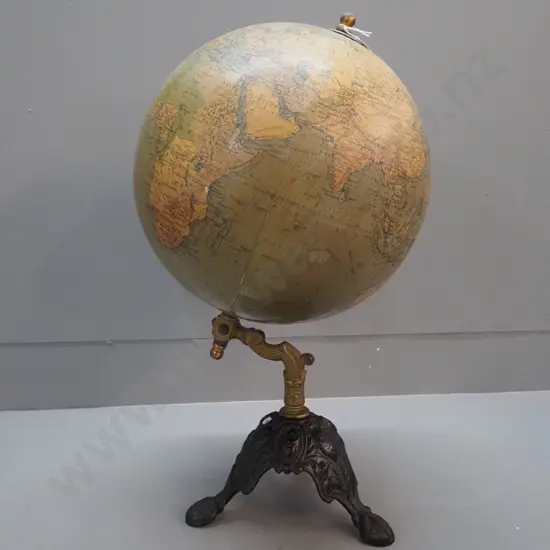 vintage George Philip & Son world globe on heavy cast metal base - crack/separation around seam, some fading