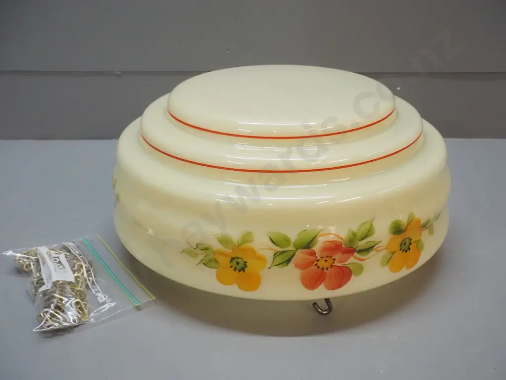 deco cream glass and hand painted floral ceiling light shade with 3 chains H-150 D-355 Image 1++
