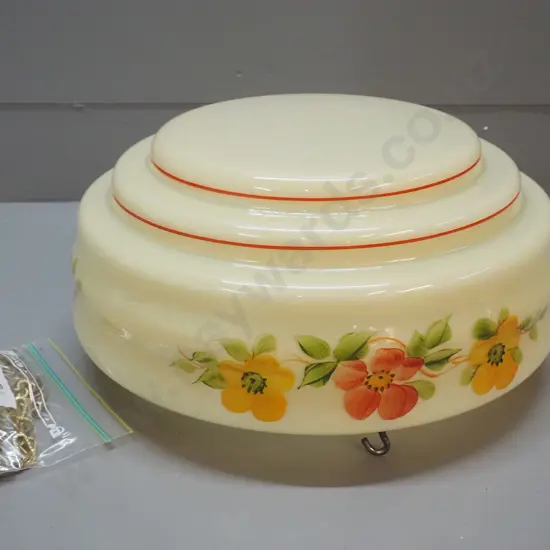 deco cream glass and hand painted floral ceiling light shade with 3 chains H-150 D-355