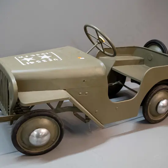 vintage Triang pedal car Jeep, missing original windscreen and some other parts, has been repainted