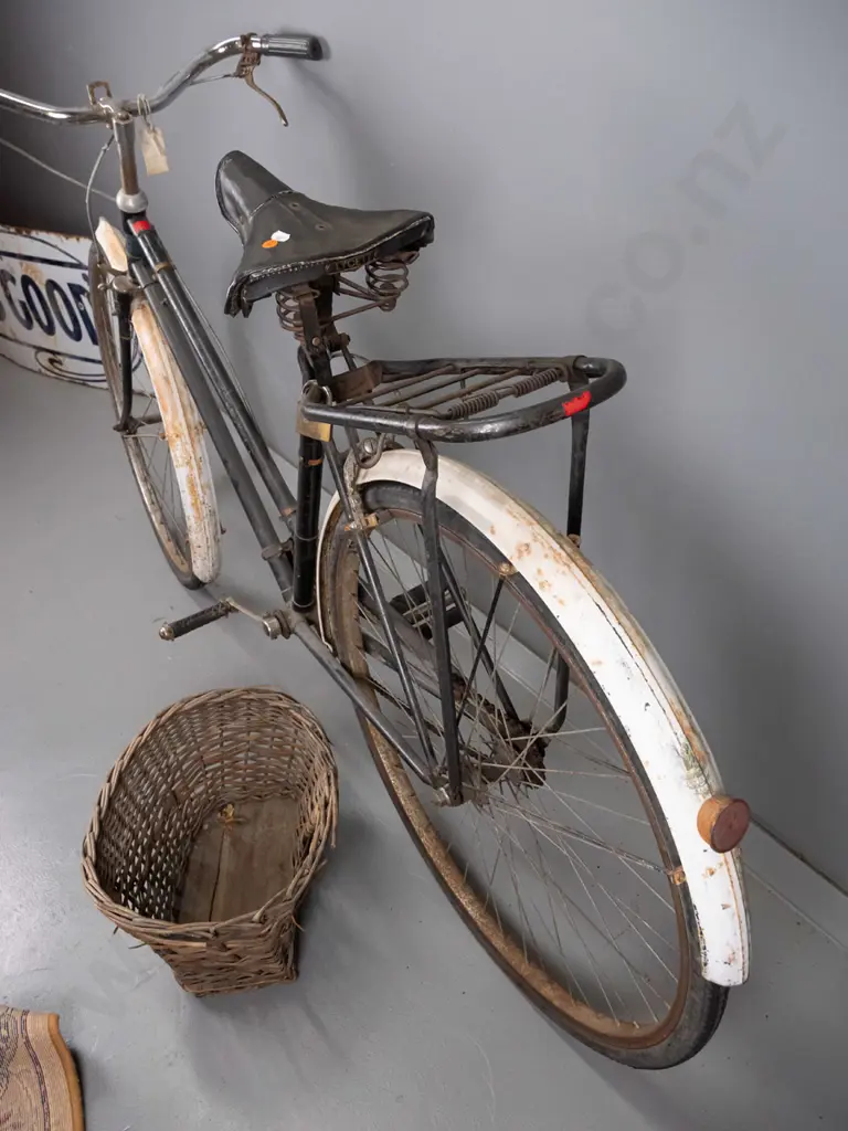 restorer's vintage bicycle - Coventry Eagle England badges, has extensive wear and corrosion, with worn wicker basket. Image 1++