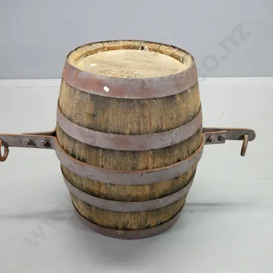 vintage oak barrel with heavy duty steel ring fittings, end marked Speights Dunedin - 18 / 1580 - rustic condition H655