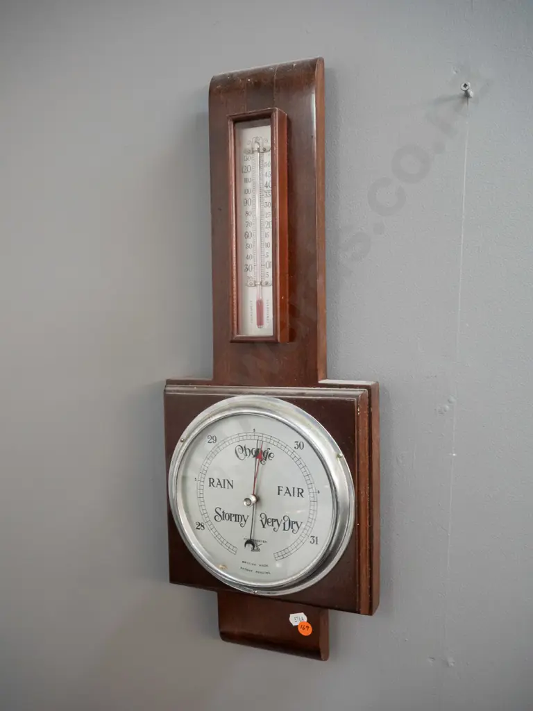 timber cased wall mount barometer-thermometer - Skule Compensated Scale British Made. H-520 W-210 Image 1++