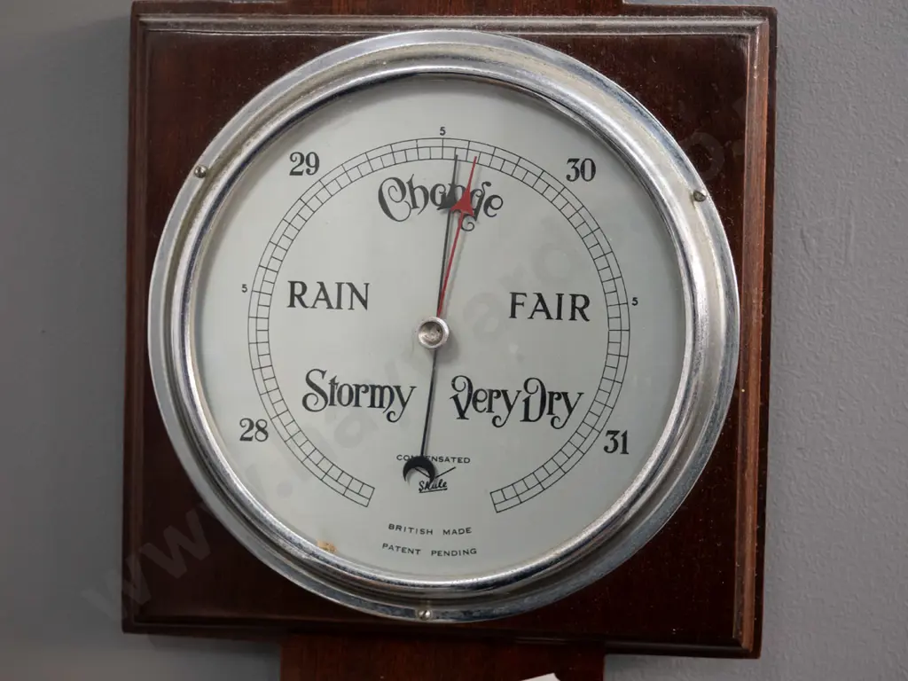 timber cased wall mount barometer-thermometer - Skule Compensated Scale British Made. H-520 W-210 Image 1++
