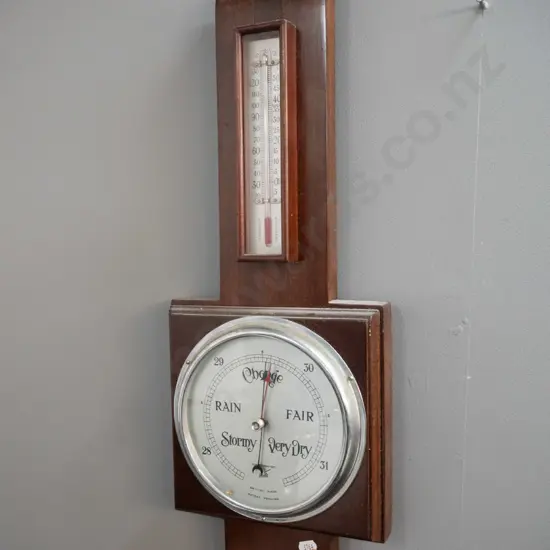 timber cased wall mount barometer-thermometer - Skule Compensated Scale British Made. H-520 W-210