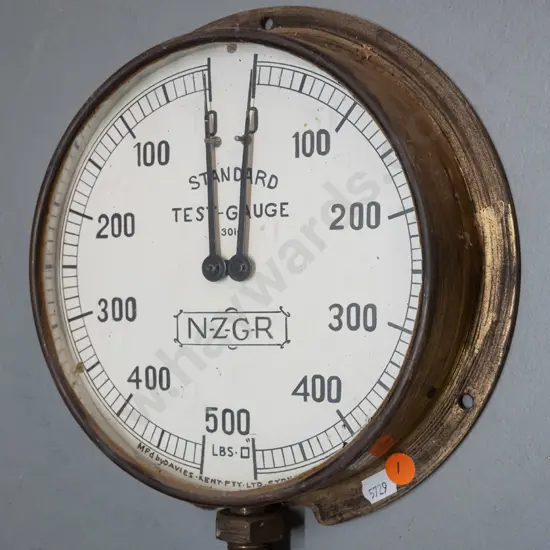 large brass cased pressure gauge marked Standard Test Gauge / NZGR / Davies-Kent Ltd Sydney N.S.W. D-250