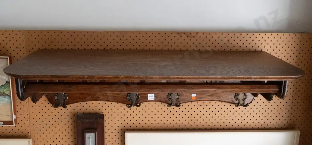 oak wall-mount coat rack with panelled back, wooden rail - some water stains and marks on top H-400 W-900 D-230 Image 1++