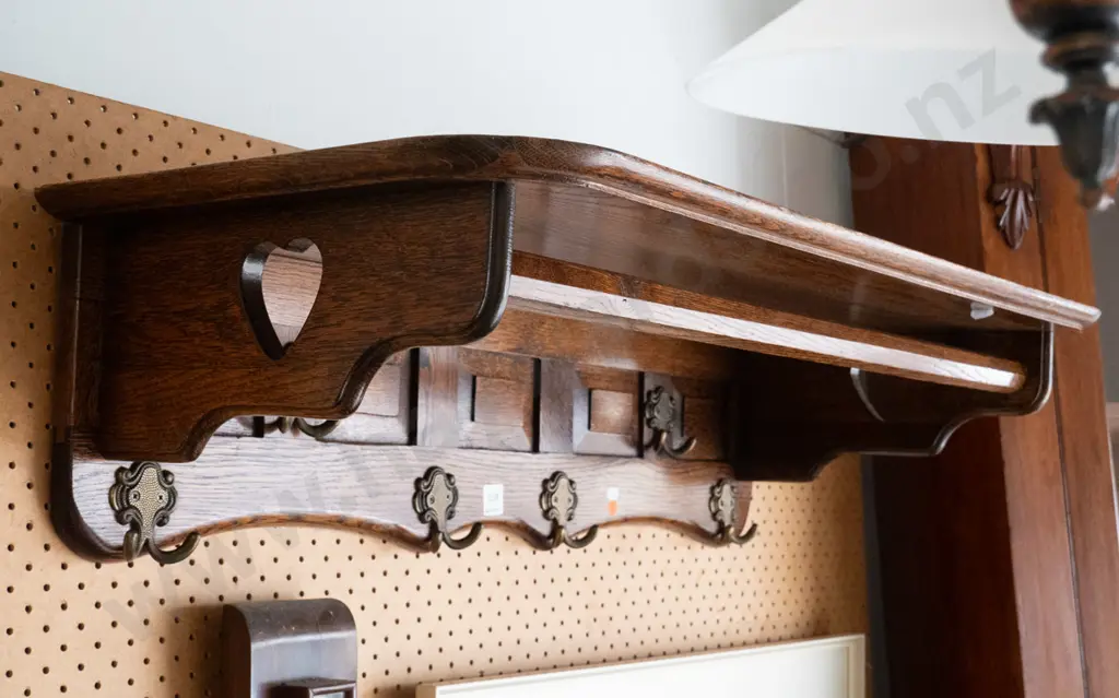 oak wall-mount coat rack with panelled back, wooden rail - some water stains and marks on top H-400 W-900 D-230 Image 1++