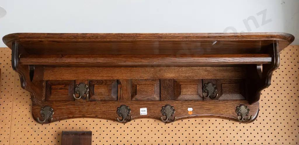 oak wall-mount coat rack with panelled back, wooden rail - some water stains and marks on top H-400 W-900 D-230 Image 1++