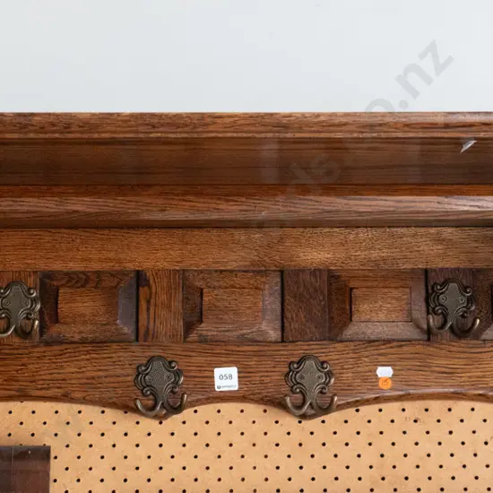 oak wall-mount coat rack with panelled back, wooden rail - some water stains and marks on top H-400 W-900 D-230