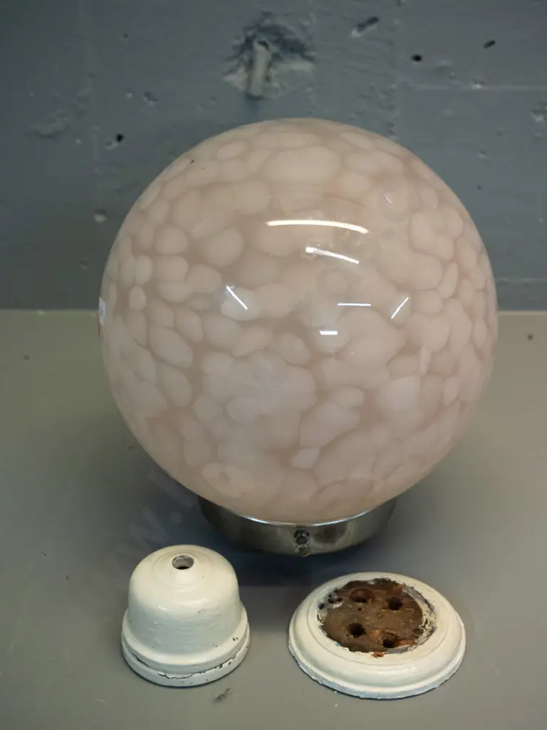 deco stippled pink glass globe ceiling light shade with chrome journal and vintage porcelain and timber ceiling rose, Image 1++