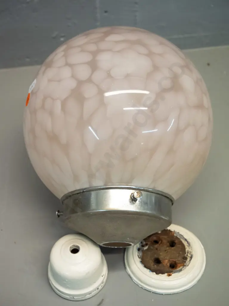 deco stippled pink glass globe ceiling light shade with chrome journal and vintage porcelain and timber ceiling rose, Image 1++