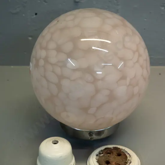 deco stippled pink glass globe ceiling light shade with chrome journal and vintage porcelain and timber ceiling rose,