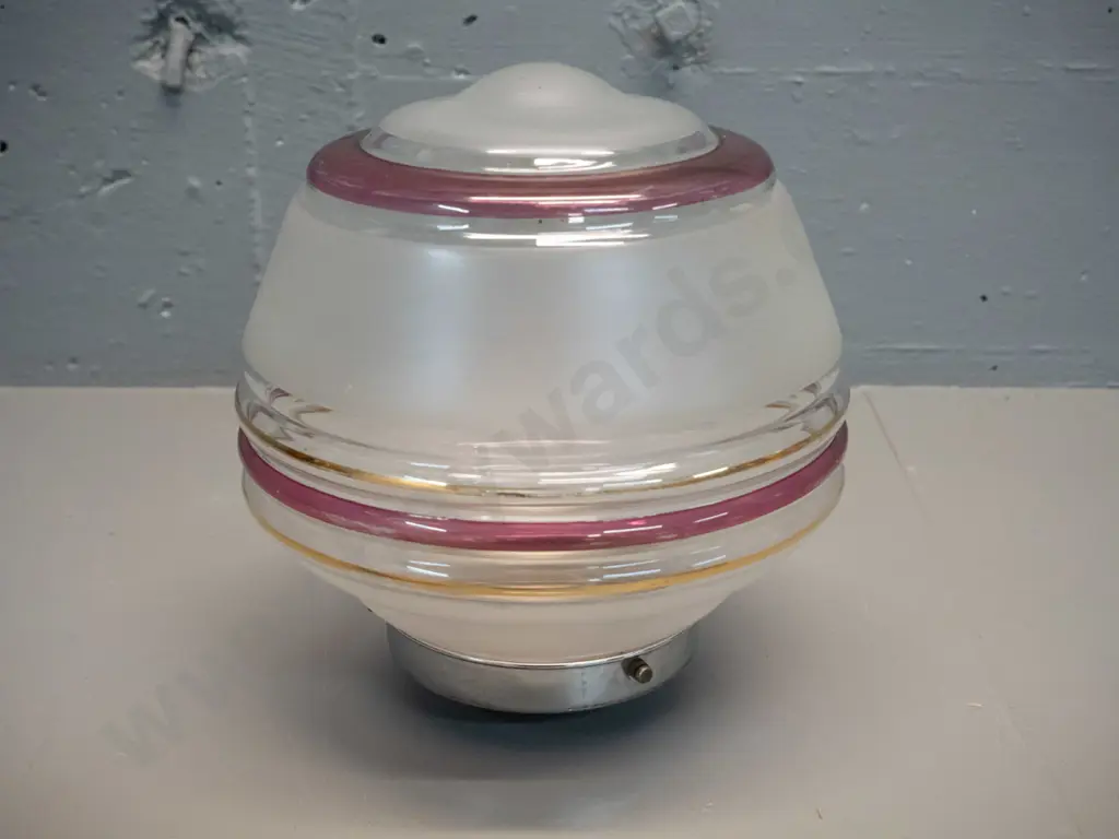 deco glass ceiling light shade - frosted with gilt & burgundy bands, with chrome journal H-210 D-190 Image 1++
