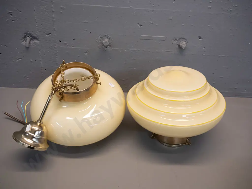 pair of gold milk glass ceiling light fittings with brass collars and journals - each H-200 D-280 Image 1++