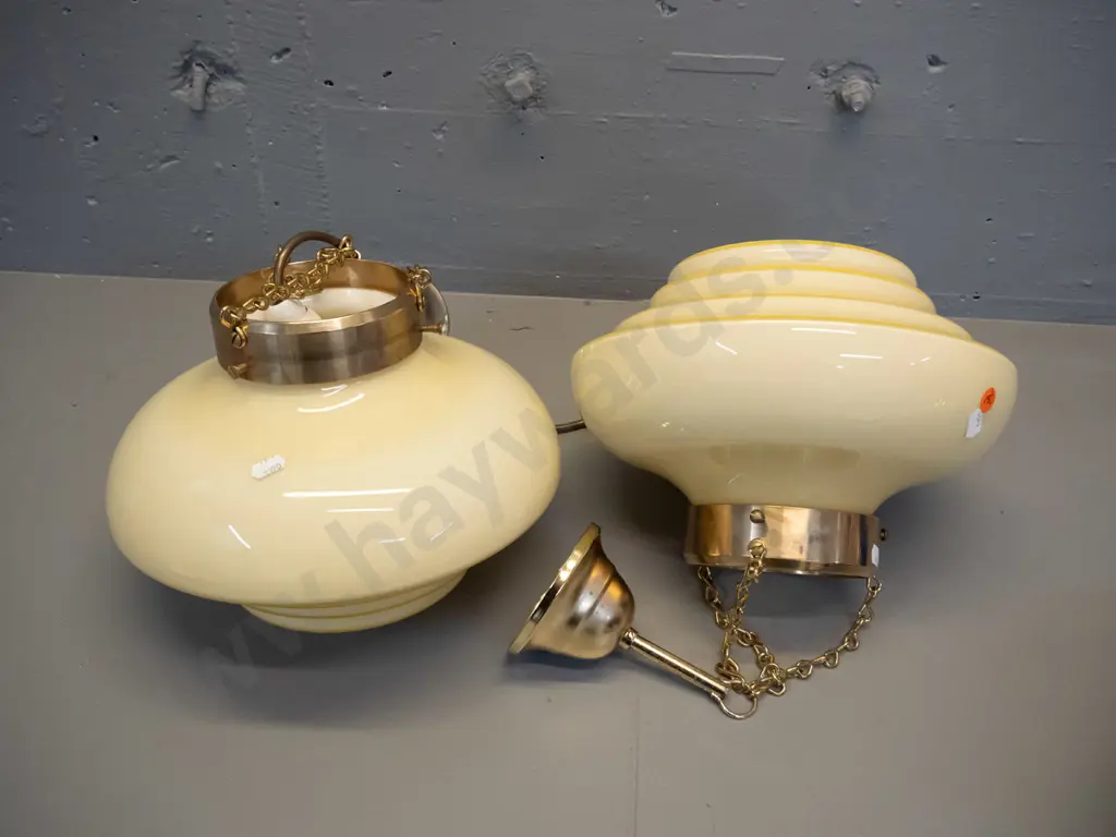 pair of gold milk glass ceiling light fittings with brass collars and journals - each H-200 D-280 Image 1++