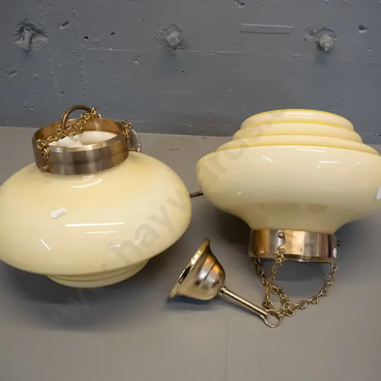 pair of gold milk glass ceiling light fittings with brass collars and journals - each H-200 D-280