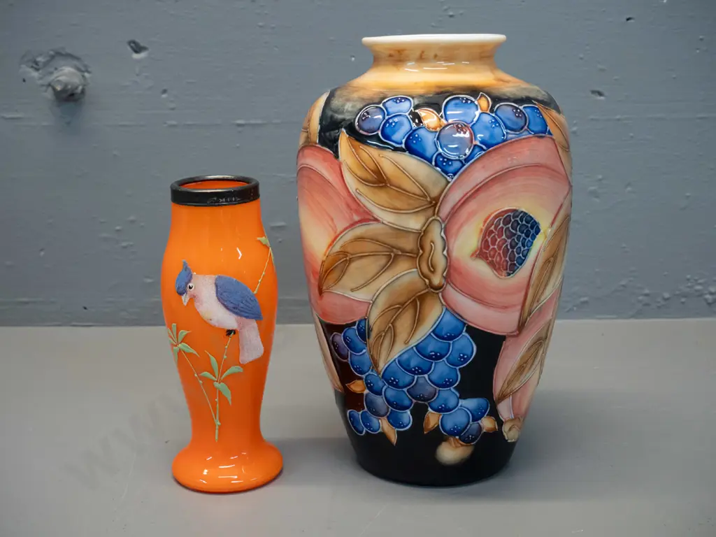 vintage hand painted orange glass vase with sterling silver rim and a reproduction relief Moorcroft style vase H240 Image 1++
