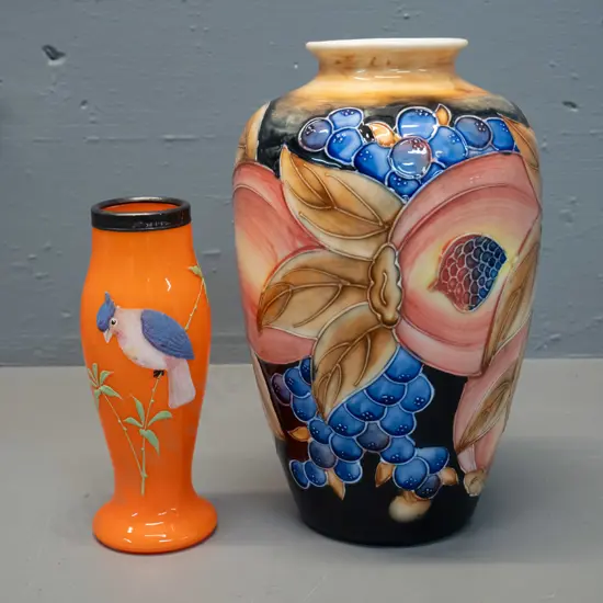 vintage hand painted orange glass vase with sterling silver rim and a reproduction relief Moorcroft style vase H240